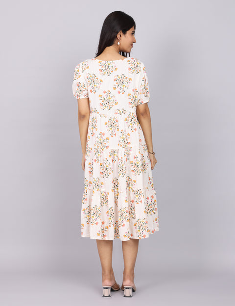 Women’s White Printed Regular Fit V-Neck Puff Sleeve Dress