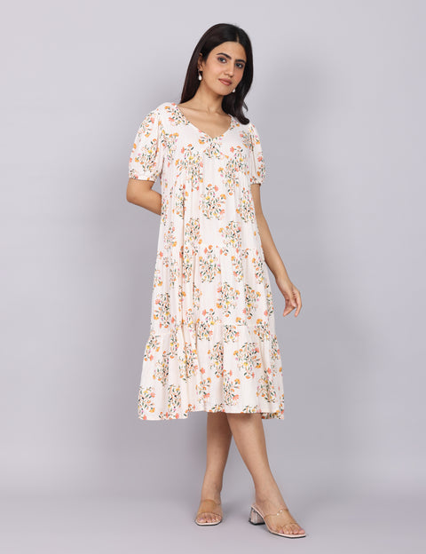 Women’s White Printed Regular Fit V-Neck Puff Sleeve Dress