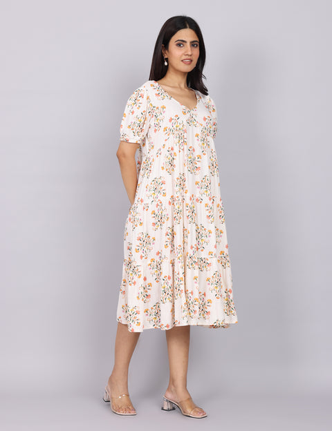 Women’s White Printed Regular Fit V-Neck Puff Sleeve Dress