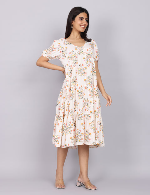 Women’s White Printed Regular Fit V-Neck Puff Sleeve Dress