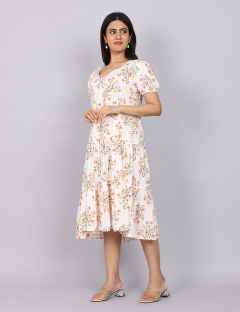 Women’s White Printed Regular Fit V-Neck Puff Sleeve Dress