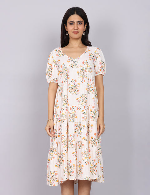 Women’s White Printed Regular Fit V-Neck Puff Sleeve Dress