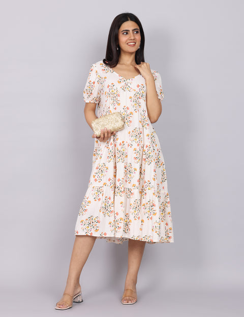 Women’s White Printed Regular Fit V-Neck Puff Sleeve Dress