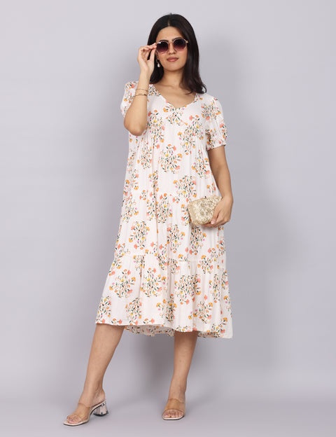 Women’s White Printed Regular Fit V-Neck Puff Sleeve Dress