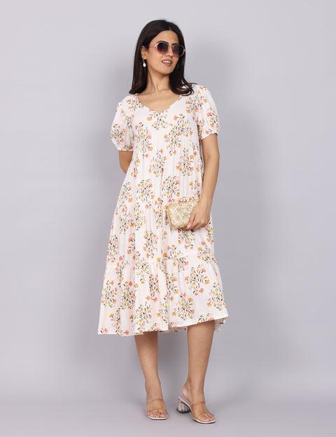 Women’s White Printed Regular Fit V-Neck Puff Sleeve Dress