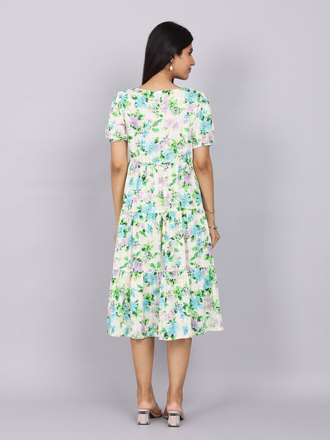 Women’s Green Printed Regular Fit V-Neck Puff Sleeve Dress