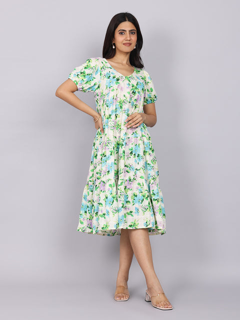 Women’s Green Printed Regular Fit V-Neck Puff Sleeve Dress