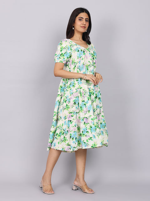 Women’s Green Printed Regular Fit V-Neck Puff Sleeve Dress