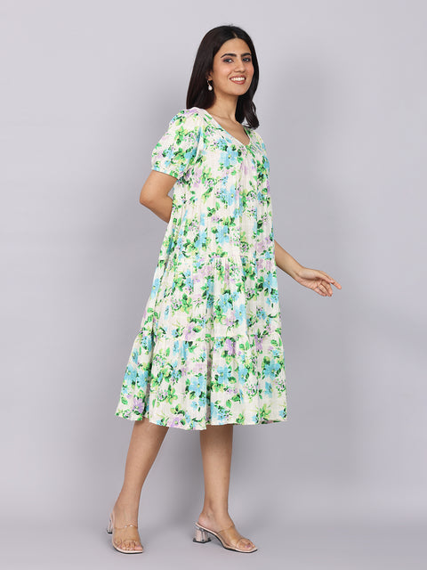 Women’s Green Printed Regular Fit V-Neck Puff Sleeve Dress
