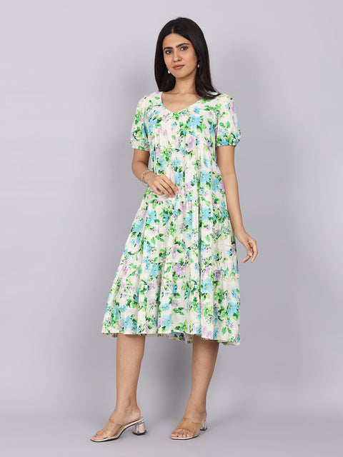 Women’s Green Printed Regular Fit V-Neck Puff Sleeve Dress