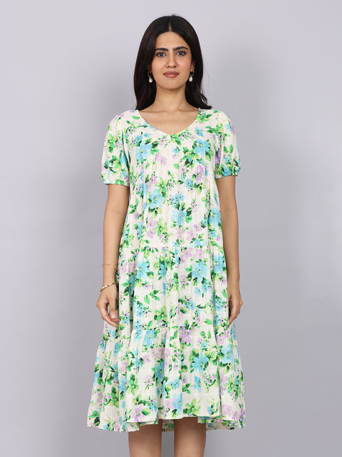Women’s Green Printed Regular Fit V-Neck Puff Sleeve Dress