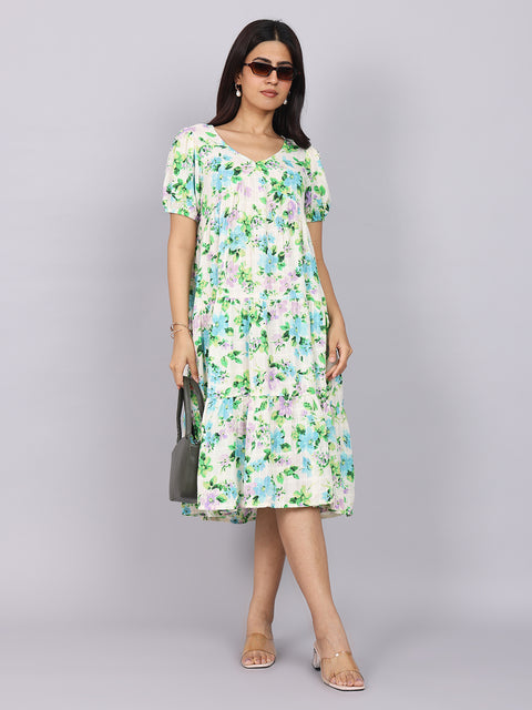 Women’s Green Printed Regular Fit V-Neck Puff Sleeve Dress