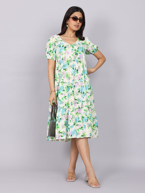 Women’s Green Printed Regular Fit V-Neck Puff Sleeve Dress