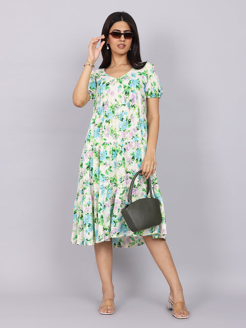Women’s Green Printed Regular Fit V-Neck Puff Sleeve Dress