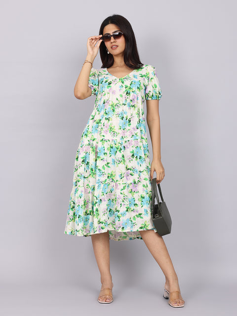 Women’s Green Printed Regular Fit V-Neck Puff Sleeve Dress