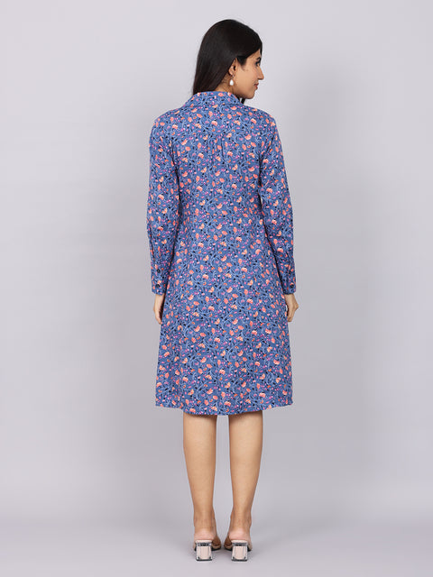 Women’s Navy Printed Fit & Flare Collared Dress