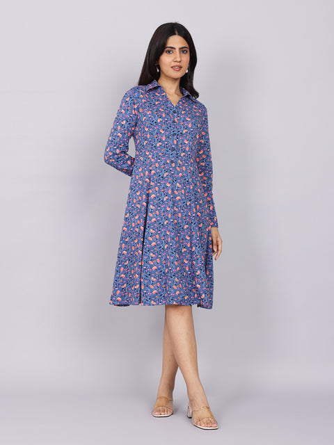 Women’s Navy Printed Fit & Flare Collared Dress