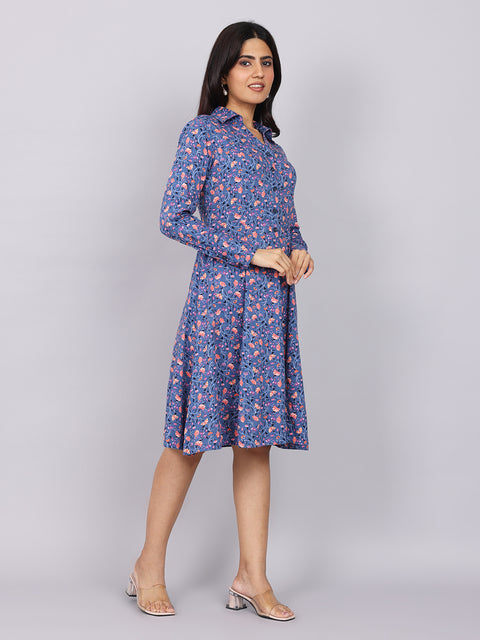 Women’s Navy Printed Fit & Flare Collared Dress