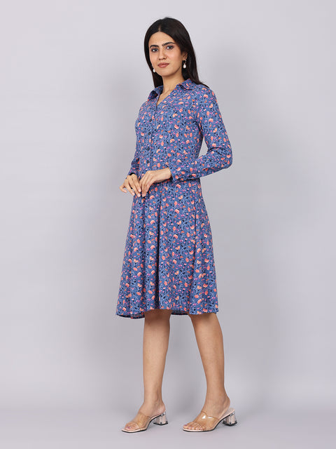 Women’s Navy Printed Fit & Flare Collared Dress