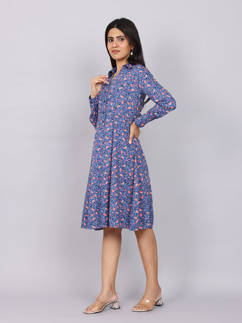 Women’s Navy Printed Fit & Flare Collared Dress