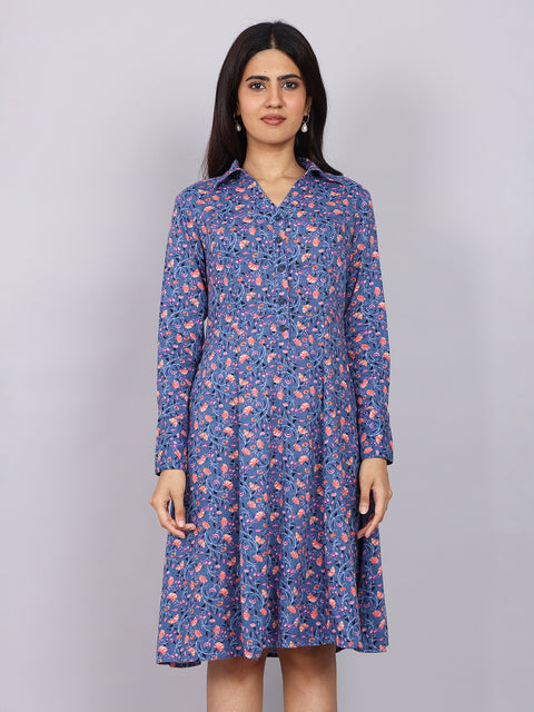 Women’s Navy Printed Fit & Flare Collared Dress