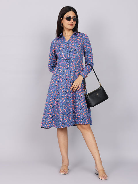 Women’s Navy Printed Fit & Flare Collared Dress