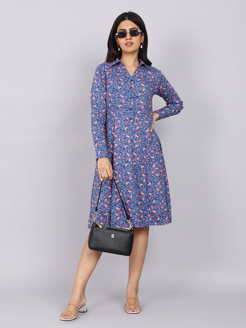 Women’s Navy Printed Fit & Flare Collared Dress
