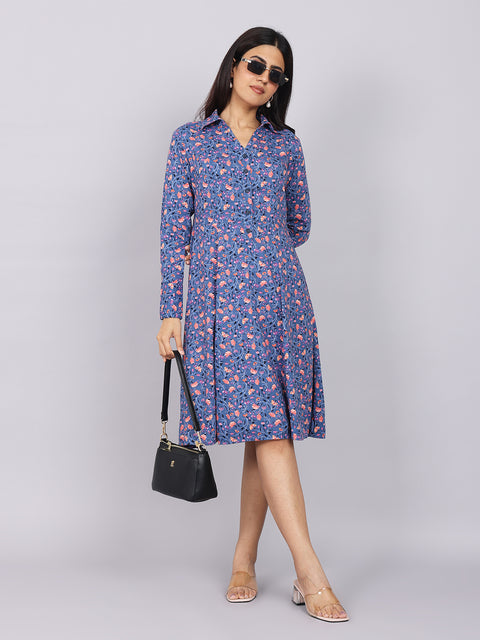 Women’s Navy Printed Fit & Flare Collared Dress