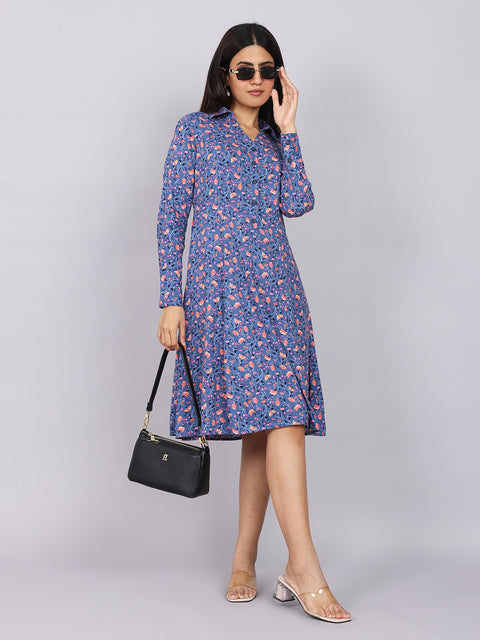 Women’s Navy Printed Fit & Flare Collared Dress