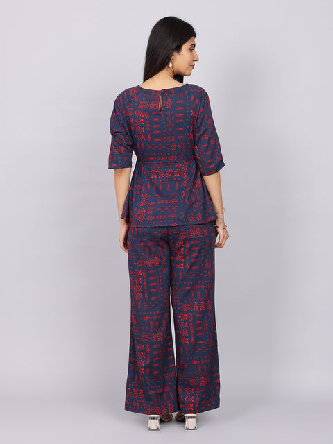 Women’s Navy Red Printed Relaxed Fit Boat Neck Coord Set