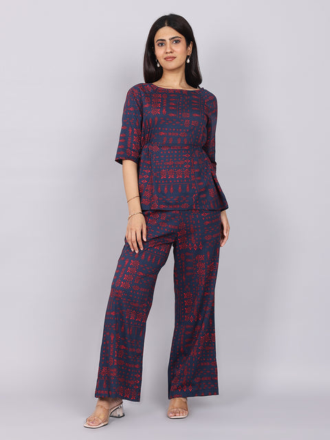 Women’s Navy Red Printed Relaxed Fit Boat Neck Coord Set