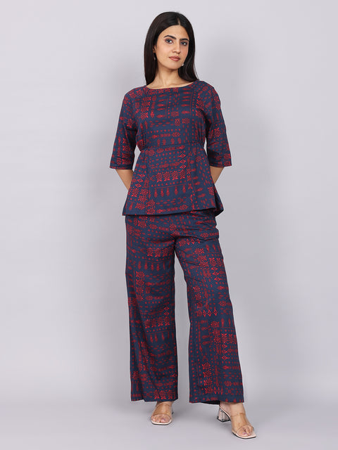 Women’s Navy Red Printed Relaxed Fit Boat Neck Coord Set