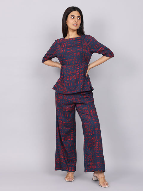 Women’s Navy Red Printed Relaxed Fit Boat Neck Coord Set