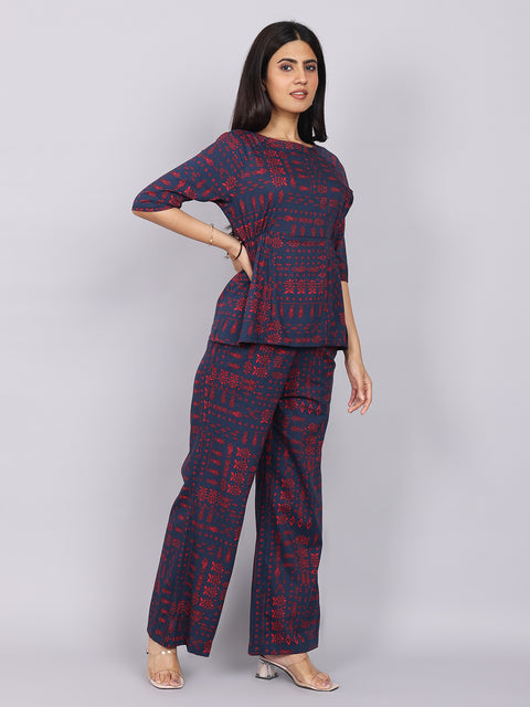 Women’s Navy Red Printed Relaxed Fit Boat Neck Coord Set