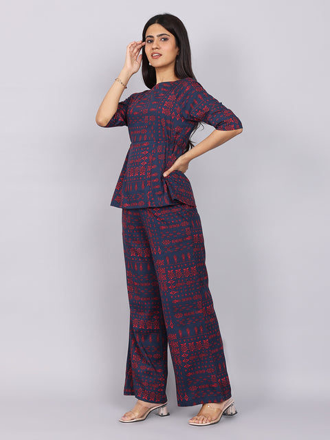 Women’s Navy Red Printed Relaxed Fit Boat Neck Coord Set