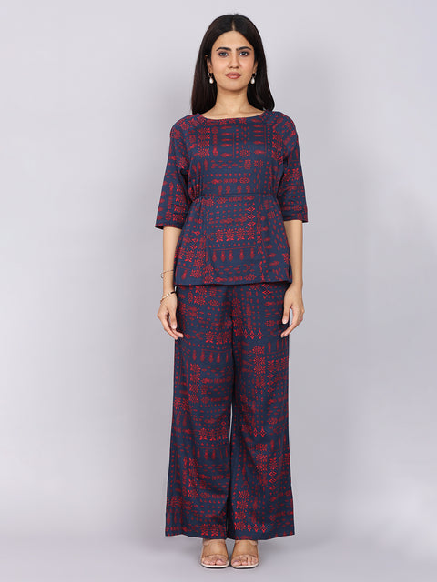 Women’s Navy Red Printed Relaxed Fit Boat Neck Coord Set