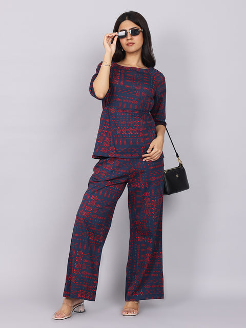 Women’s Navy Red Printed Relaxed Fit Boat Neck Coord Set