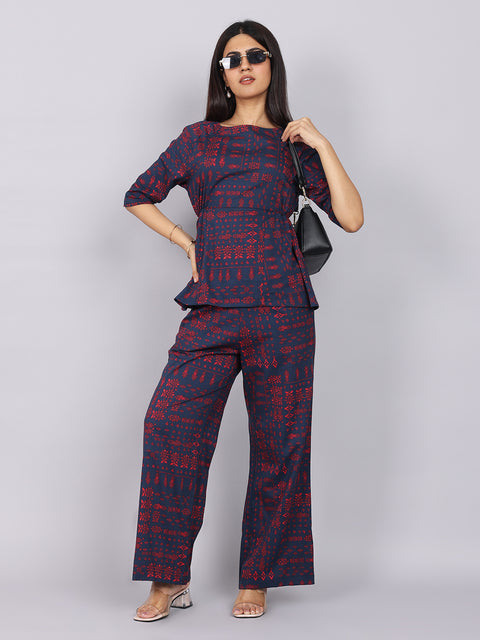 Women’s Navy Red Printed Relaxed Fit Boat Neck Coord Set